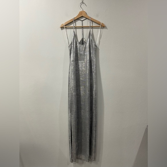 NWT LAmade Heathered Shiny Midi Dress Silver Gray Racerback Side Slits Size XS - Picture 8 of 8